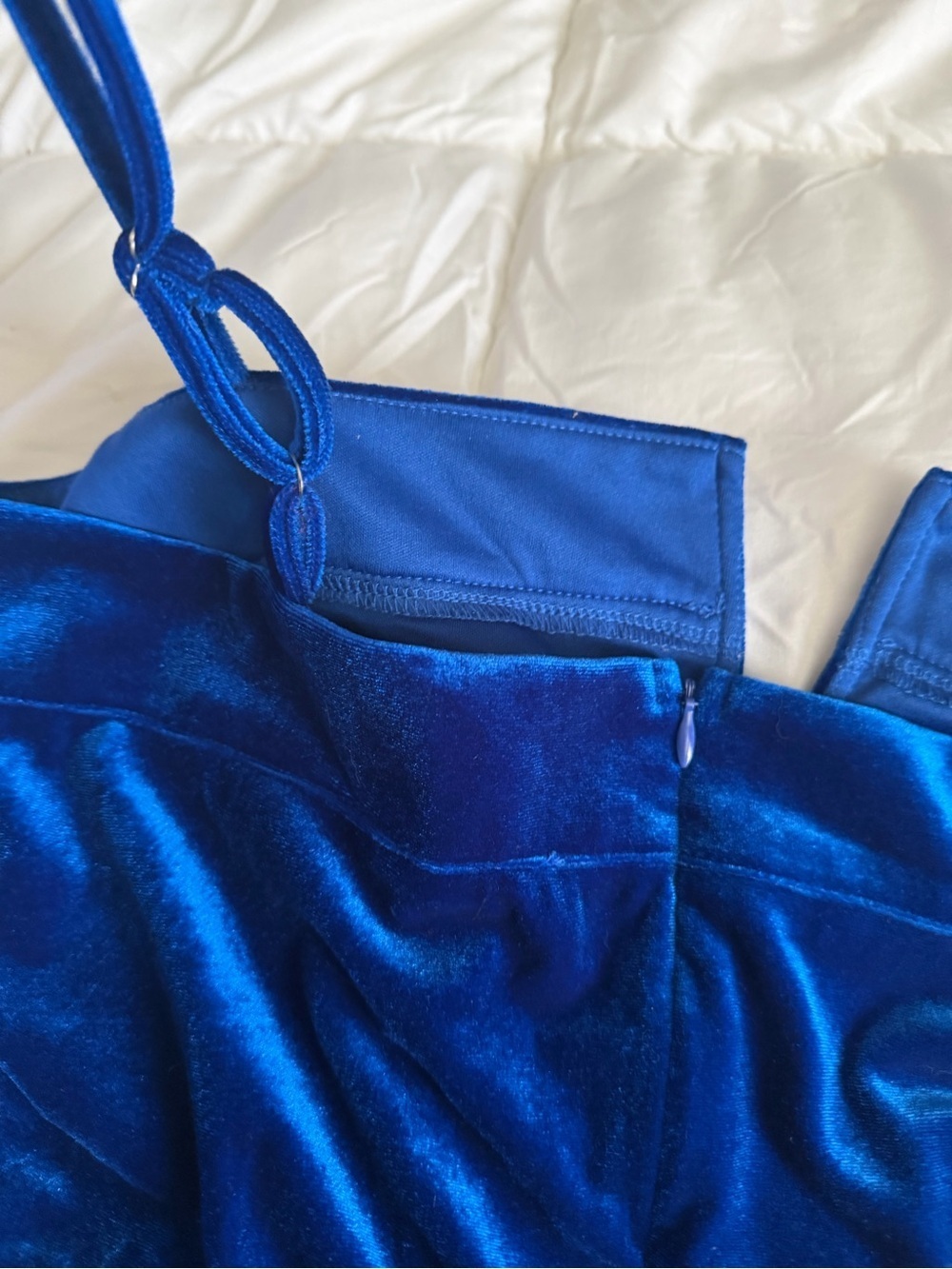 Velvet Wide-Leg Spaghetti-Strap Jumpsuit in Teal - Picture 4 of 11